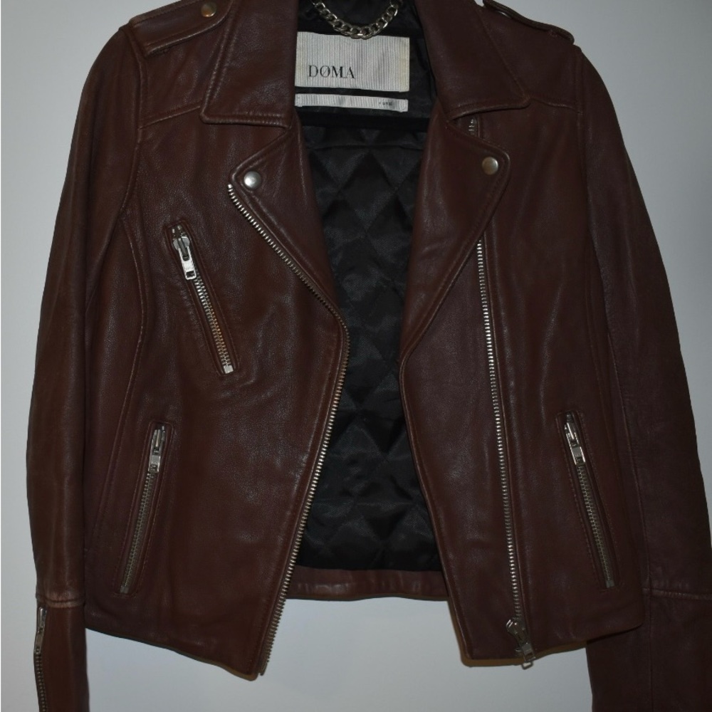 Doma Brown Leather Moto Jacket with Silver Zippers